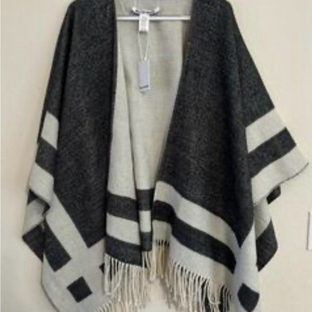 Chic Black and Gray Poncho with Fringe